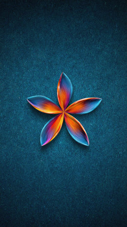 An abstract floral design displays five vibrant petals in a radial arrangement. The petals showcase gradient colors, transitioning from orange to blue and purple. The image is set against a dark blue, textured background, creating a contrast. This image could be used for various design projects or as a decorative element.の素材