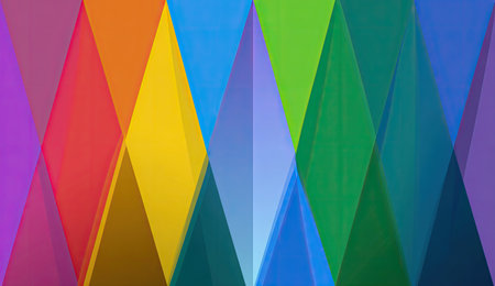 This image showcases a vibrant abstract design composed of overlapping diamond shapes. The composition features a variety of colors, creating a visually dynamic arrangement. The style is modern and graphic, with clean lines and a flat design. Ideal for use in various design projects, web backgrounds, or as a visual element in marketing materials.の素材