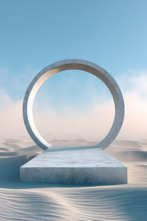 A minimalist composition presents a circular structure atop a rectangular platform, set against a blurred landscape and soft blue sky. The image utilizes light and shadow to enhance the volumetric shapes, creating an ethereal and serene atmosphere. Suitable for use in conceptual design projects or presentations.の素材