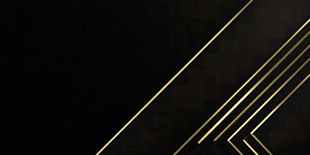 An abstract graphic features a dark background with gold lines. The composition uses diagonal and parallel elements. This digital artwork could be suitable for various applications, including design projects, website backgrounds, and marketing materials. The lighting creates contrast and highlights the linear shapes within the frame.の素材