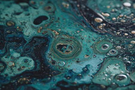 This image showcases an abstract artwork featuring flowing forms in shades of green and blue. The composition exhibits intricate patterns, bubble-like textures, and dark areas. The style suggests fluid dynamics, possibly suitable for artistic or commercial purposes. The lighting appears soft, indicating a potential indoor or studio setting.の素材