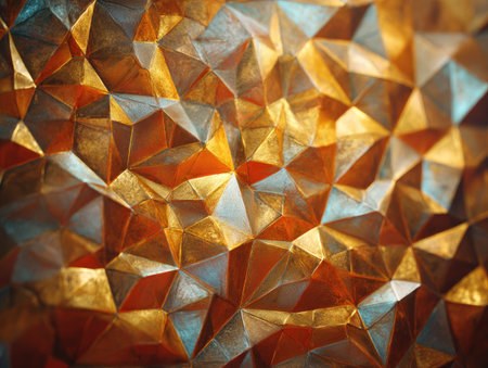 An abstract, geometric pattern showcases a textured surface comprised of irregular shapes in a mosaic arrangement. Predominant colors include various shades of gold, copper, and touches of blue, reflecting ambient light. The composition features a repeating design suitable for diverse commercial applications.の素材