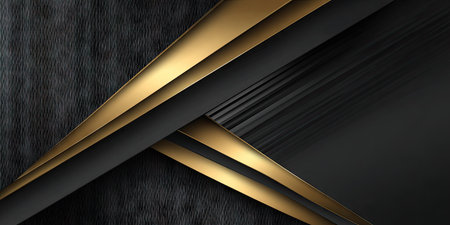 An abstract composition features layered geometric shapes in gold and black. The design incorporates textured surfaces and linear elements. It may be suitable for backgrounds, presentations, and various commercial applications. The contrasting colors and structured arrangement evoke a sense of modern elegance.の素材