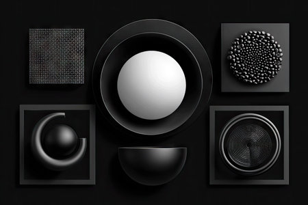 This image presents a sophisticated composition of various geometric shapes arranged against a dark background. The arrangement includes spheres, squares, and bowls in shades of black and white, creating a strong contrast and depth through shadows. Suitable for use in design projects, advertising, or conceptual illustrations, this image offers a clean and modern aesthetic.の素材