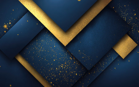 This image features an abstract design composed of overlapping geometric shapes in shades of blue and gold. The composition includes textured elements and a scattered, sparkling effect, suggesting a sense of luxury. It is suitable for various commercial uses, including backgrounds, illustrations, or design elements.の素材