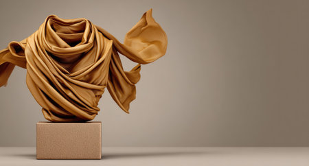 An artistic composition features a golden fabric sculpture draped on a rectangular pedestal. The fabric's flowing forms create a dynamic visual with highlights and shadows against a neutral backdrop. This image may be suitable for advertising, design projects, and various creative applications.の素材