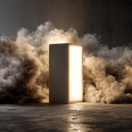 An illuminated rectangular pillar glows amidst dense, swirling smoke against a dark, textured backdrop. The composition features soft lighting and muted tones, creating a sense of depth and mystery. Suitable for conceptual illustrations, design projects, or backgrounds in digital media and advertising.の素材