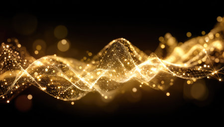An abstract visualization features a golden, undulating wave form set against a dark backdrop. The composition is characterized by a network of glowing particles, creating a sense of depth and movement. The lighting is soft and diffused, highlighting the form's textures. Suitable for various design applications, commercial projects, and digital art.の素材