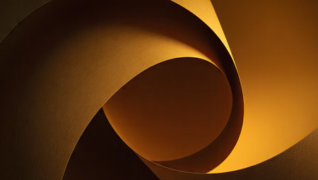 This image features an abstract composition of overlapping paper forms creating a golden spiral. The warm color palette and curved lines suggest movement and depth. The studio lighting highlights the textures and shadows of the paper, suitable for various design and conceptual projects.の素材