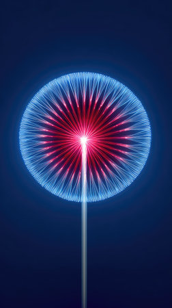 A digitally rendered illustration features a radiant sphere with a central red core and blue radiating lines. The design presents a modern, futuristic appearance, enhanced by the dark blue background. The artwork may be suitable for various commercial purposes, including graphic design and digital media.の素材