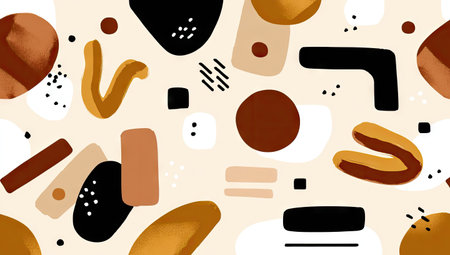 This illustration showcases an arrangement of abstract geometric shapes. Various forms in shades of brown, black, and beige are set against a light background. The composition features diverse shapes, lines, and textures. It can be used in several commercial applications like web design and advertising or editorial use.の素材