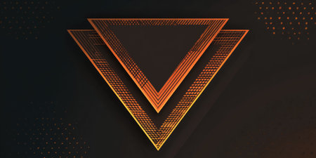 Two overlapping geometric triangle shapes form the main subject. The artwork features warm orange and gold hues with intricate line patterns. The background is a solid black, giving a modern aesthetic and allowing for commercial uses in design and marketing projects.の素材