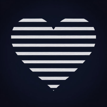 An abstract heart shape is depicted with evenly spaced horizontal white stripes against a dark blue background. The minimalist design emphasizes the heart's form. The composition exhibits a modern aesthetic, suitable for various design applications, including graphic design, and potentially applicable in commercial projects related to love and relationships.の素材