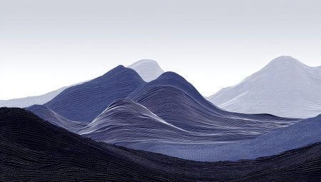 An abstract landscape showcases layered hills in varying shades of blue and purple. The composition features a gradient background, suggesting a serene atmosphere. The image uses a minimalist style with soft textures and gradients, suitable for various editorial and commercial applications. The design evokes a sense of depth and tranquility.の素材