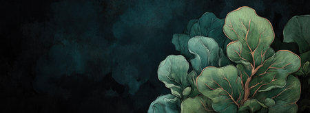 An artistic illustration presents lush green leaves against a dark, moody backdrop. The composition features a close-up of the foliage, showcasing texture and detail. The use of muted greens and blacks creates a sense of depth and contrast. This image could be suitable for various design applications.の素材