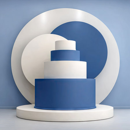 A layered, abstract design features a central shape constructed from stacked cylinders in blue and white. The composition utilizes geometric forms and clean lines against a light blue backdrop. Suitable for showcasing products or concepts, this image could serve commercial purposes, including advertising and editorial content.の素材
