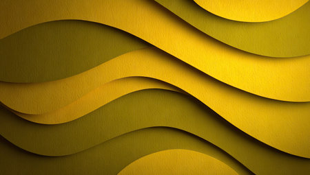 This image showcases an abstract background composed of layered, undulating waves. The design features a palette of golden yellow and olive green, with a play of light and shadow, creating depth. This visual composition is suitable for various applications, including website design, advertising, and marketing materials.の素材