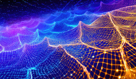 An abstract illustration presents a network-like structure with an intricate pattern. The image features a gradient of colors including blues, purples, and oranges. The composition suggests a complex web. It might be suitable for use in design projects or as background imagery for diverse commercial applications.の素材