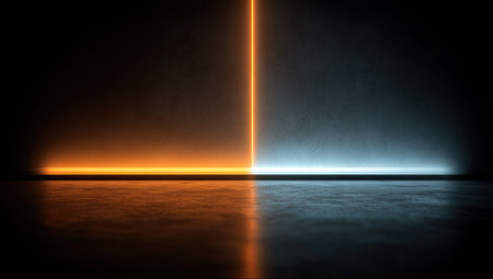 An abstract composition features contrasting neon lights against a dark backdrop. The scene showcases vertical and horizontal lines of orange and blue light, reflecting on a polished surface. The simple yet compelling design evokes a sense of modern aesthetics suitable for various design projects and visual media.の素材