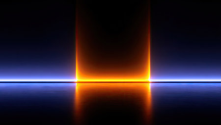 An abstract visual showcases a bright, glowing, orange-hued rectangle centered above a thin, horizontal blue line. The image exhibits a striking contrast of warm and cool tones, with reflective elements. This design is suitable for various applications, including website backgrounds and creative illustrations.の素材