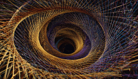 An abstract, spiraling design is presented featuring lines in shades of gold and purple. The composition showcases an eye-like, symmetrical structure with a dark, central opening. The artwork uses textured elements, suggesting a digital or vector illustration, suitable for various design applications and commercial purposes.の素材