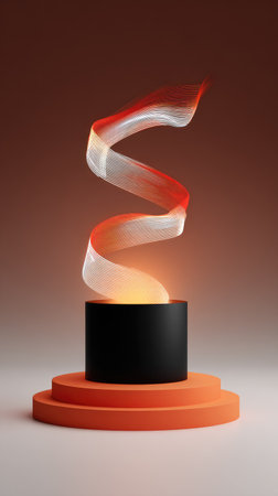 An abstract artwork features a flowing red and white ribbon design against a brown background. The composition includes a black cylindrical pedestal resting on orange platforms, illuminated by studio lighting. The image suggests potential uses in advertising, design projects, and visual communication.の素材