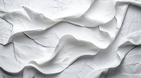 This image features a detailed close-up of white fabric with flowing folds and a textured surface. The composition highlights the interplay of light and shadow, creating depth and dimension. The neutral color palette and abstract forms suggest potential uses in design, advertising, and various creative projects.の素材