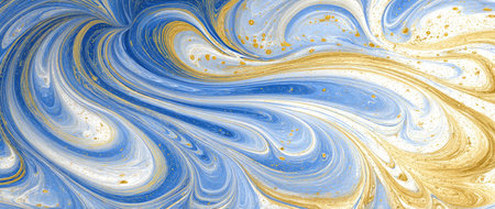 This image features an abstract pattern of swirling forms, dominated by blue and gold hues. The composition creates a sense of movement and depth through contrasting light and shadow. Suitable for various applications, including website backgrounds, print materials, and graphic design projects, providing a visually appealing element.の素材