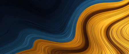 This image presents a flowing abstract composition featuring interwoven patterns in shades of gold, blue, and black. The textured, fluid appearance suggests a sense of movement. Ideal for various creative projects such as website backgrounds or print designs. The composition may be used for a wide range of commercial and editorial purposes.の素材