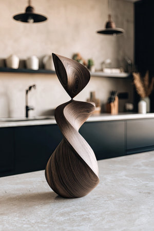 An artistic wooden sculpture takes center stage, its elegant curves contrasting with the neutral tones of the blurred kitchen setting. The sculpture's warm brown hues and textured surface highlight its three-dimensional form. This image is suitable for various commercial purposes, including design, home decor, and artistic concepts.の素材
