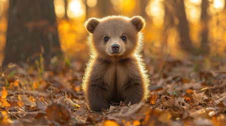 A cute brown bear cub sits amidst fallen leaves, bathed in warm sunlight. The image showcases the cub's fur texture and endearing gaze. The composition, with soft focus and a golden hue, evokes a peaceful forest environment. Suitable for various editorial and commercial projects.の素材