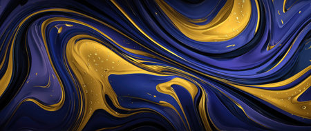 This image presents an abstract composition with flowing swirls of blue and gold. The artwork showcases a fluid, artistic texture with a glossy appearance. The composition might be suitable for various design projects, graphic design needs, or creative visual concepts. It offers a rich, dynamic aesthetic.の素材
