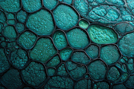 This image presents an abstract view of a cell-like structure. The composition features a network of irregular shapes in shades of teal and green, with dark outlines. The textures appear fluid and organic. This image could be suitable for various design applications, including graphic design or backgrounds.の素材