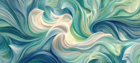 This image features an abstract composition of swirling, flowing shapes. Dominant colors include shades of teal, blue, and beige, creating a sense of depth and movement. The textured patterns and soft blending suggest a digital painting. This versatile artwork is suitable for various commercial uses, including website backgrounds and print designs.の素材