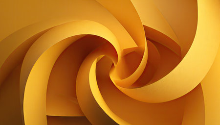 This image showcases an abstract design featuring a dynamic spiral. The composition uses a warm yellow color palette with curved, layered shapes. Soft lighting emphasizes the texture and form, creating depth. This visual could be used in various commercial applications, including website backgrounds and marketing materials.の素材