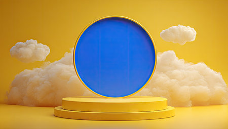 An abstract composition features a yellow background with a central blue circle and a yellow circular podium. Fluffy white clouds are dispersed around the main subject. The lighting appears soft and even. This image could be suitable for advertising, marketing materials, or visual content.の素材