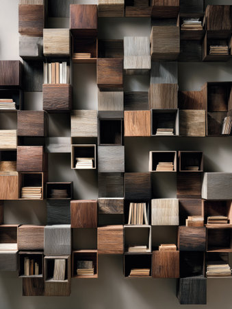 An overhead shot reveals a patterned wall of wooden boxes and shelves. Varied shades of brown and gray create a geometric composition. Books are present within the cubes. The composition suggests a decorative or architectural display, suitable for various editorial and commercial applications.の素材