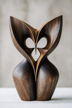 An intricately carved wooden sculpture stands against a neutral backdrop. The artwork features flowing lines and organic shapes with a dark, rich wood grain. The lighting creates intriguing shadows. Suitable for use in art, design, and decorative contexts, it could enhance various visual projects.の素材