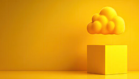 A vibrant yellow cloud hovers above a matching square box in this abstract illustration. The image showcases a smooth, three-dimensional style with soft lighting, suggesting a studio setting. The composition is simple, emphasizing the objects and their relation, suitable for design concepts or marketing materials.の素材