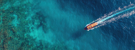 An aerial perspective shows a boat navigating across the surface of the ocean. The turquoise water contrasts with deeper blue areas, and white wakes trail behind the vessel. The scene suggests travel and could be suitable for various commercial or illustrative applications, such as tourism or transportation.の素材