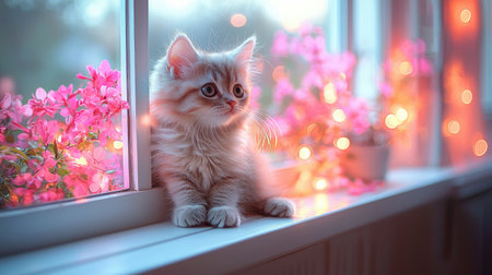 A fluffy kitten is seen resting on a windowsill, illuminated by soft natural light. Pink flowers add a decorative touch, creating a serene atmosphere. The image showcases gentle colors and a dreamy composition. It could be used for various commercial or editorial purposes.の素材