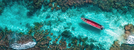 An overhead perspective reveals a small boat gliding through crystal-clear turquoise waters. The scene showcases rocky formations and coral reefs along the shoreline. The composition highlights a vibrant color palette, enhanced by natural lighting. Ideal for diverse commercial projects, including travel, nature, or environmental themes.の素材