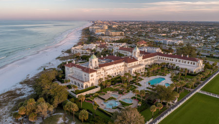 An aerial perspective showcases a grand, multi-building resort hotel situated beside a sandy beach. The image displays a building with a red tile roof and white walls. The composition captures the coastal landscape under daylight with a warm color palette. Suitable for travel, tourism, or architectural projects.の素材