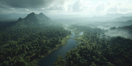 An overhead shot presents a dense, vibrant green forest landscape, featuring a winding river and distant mountains. The scene is enveloped in soft light and hazy atmosphere, creating depth. This natural imagery is suitable for environmental, travel, or landscape themes, providing versatile usage options.の素材