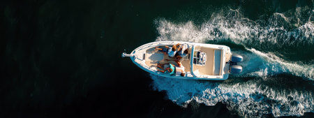 An overhead shot captures a boat navigating across a body of water, generating a wake. The scene showcases the interaction of the vessel and the water. This image can be used for promotional material, travel content, or any project that requires visuals of water activities.の素材