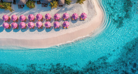 An aerial perspective showcases a vibrant tropical scene. Pink umbrellas line the sandy beach, meeting crystal-clear turquoise water. The composition is bright with natural sunlight, highlighting textures of sand and ocean. This image is suitable for various commercial uses, including travel and leisure projects.の素材