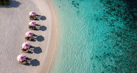 An overhead shot showcases a row of pink beach umbrellas set along a pristine white sandy shore. The umbrellas cast long shadows on the sand, beside crystal clear turquoise water. The image uses natural lighting and an inviting perspective. Suitable for travel brochures and lifestyle content.の素材
