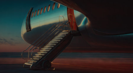 An airplane fuselage with an open door and boarding ramp is illuminated by sunset colors. The metallic surface reflects the warm tones of the sky, creating a contrasting composition. The scene suggests a departure or arrival, potentially suitable for travel or transportation themes. The image may be used for various commercial or editorial applications.の素材