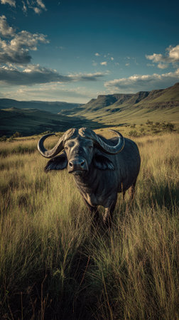 An African buffalo stands prominently in a field of tall, dry grass. The image displays a shallow depth of field, bringing the buffalo into sharp focus. The scene is bathed in warm sunlight, with the backdrop revealing rolling hills under a partly cloudy blue sky. Suitable for wildlife publications and commercial projects.の素材