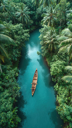 An overhead shot showcases a wooden boat moving through a vibrant blue river, framed by dense green foliage. The scene features natural lighting and a symmetrical composition, highlighting the textures of the trees. This image is suitable for various commercial uses, including travel and environmental themes.の素材